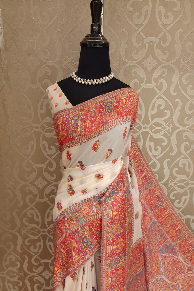 Off-White Pure Kani Handloom Silk Saree With Floral Woven Blouse