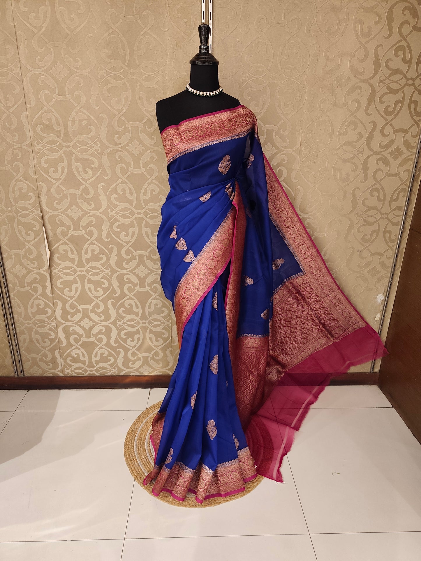Indigo Blue Kora Banarasi Silk Saree, With Unstiched Blouse