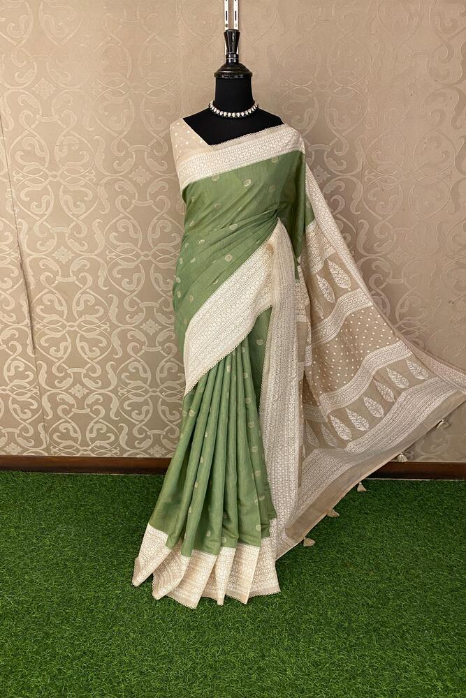 Pista Green Munga Handloom Saree With Chikankari Work, With Unstiched Blouse
