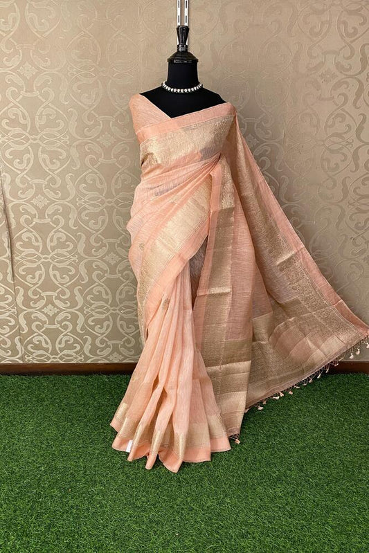 Peach Pure Linen Saree, With Unstiched Blouse