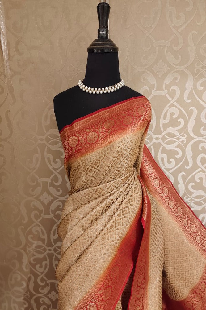 Beige Brocade Kora Banarasi Silk Saree, With Unstiched Blouse