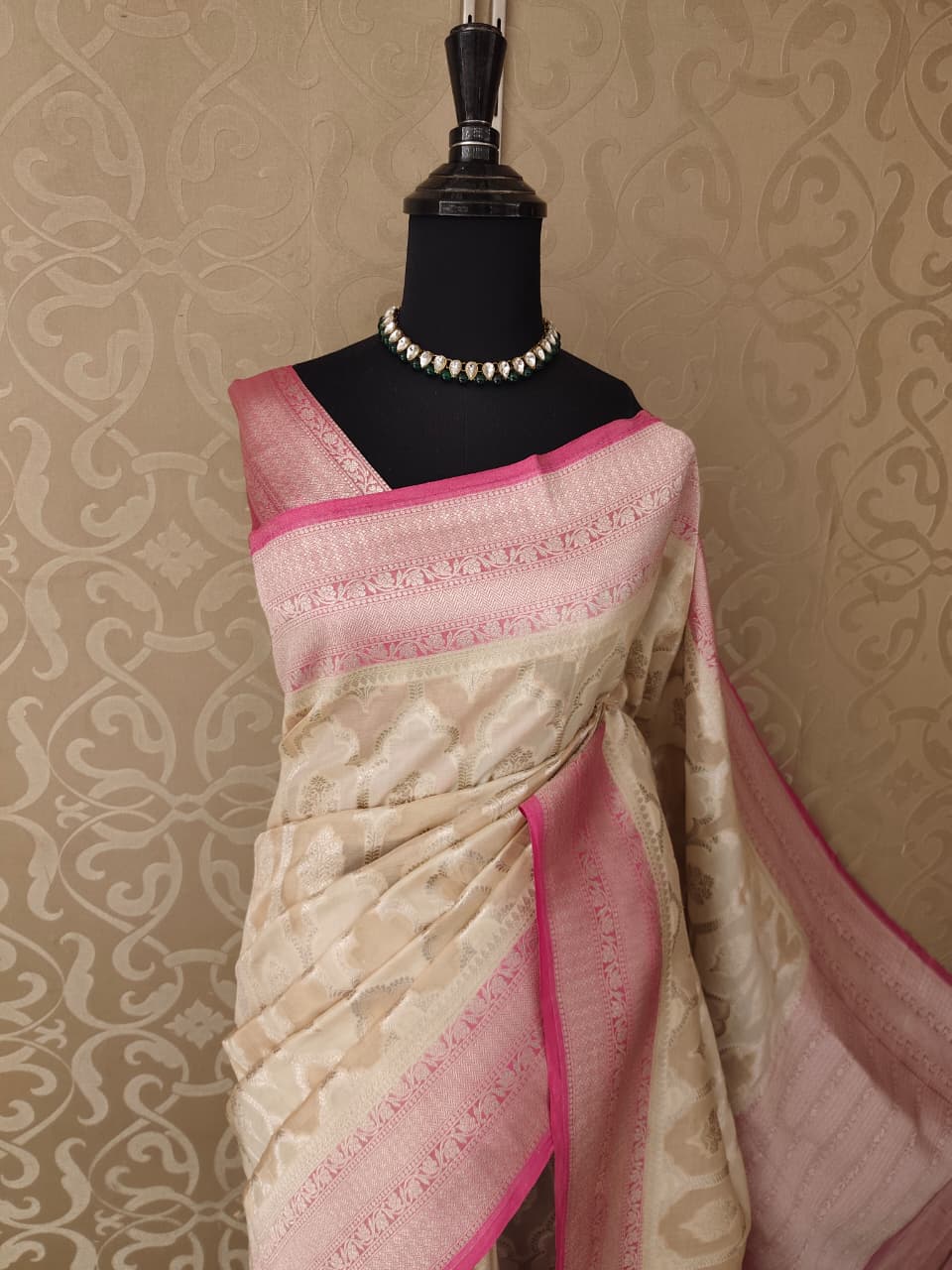 Off-White Tissue Banarasi Silk Saree, With Unstiched Blouse