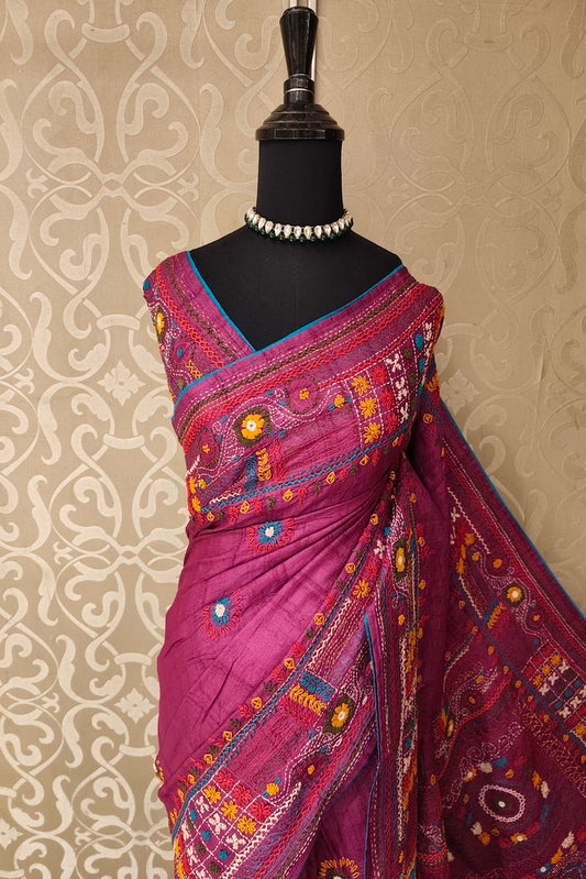 Deep Purple Tussar Hand Embroidery Work Saree, With Unstitched Blouse