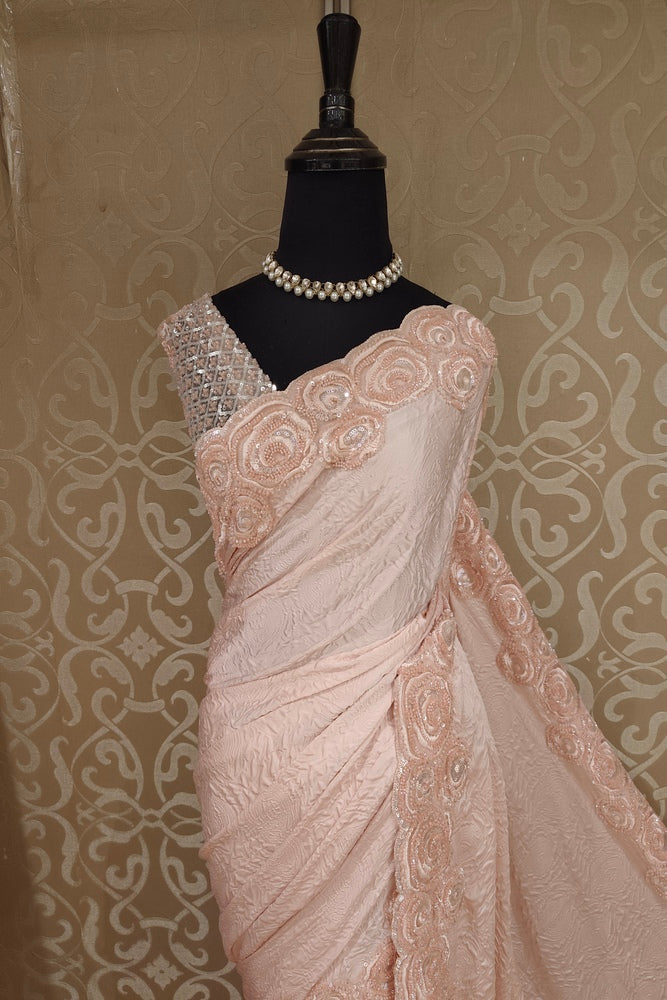 Light Peach Crush Silk Saree With Embroidery Border, With Unstiched Blouse