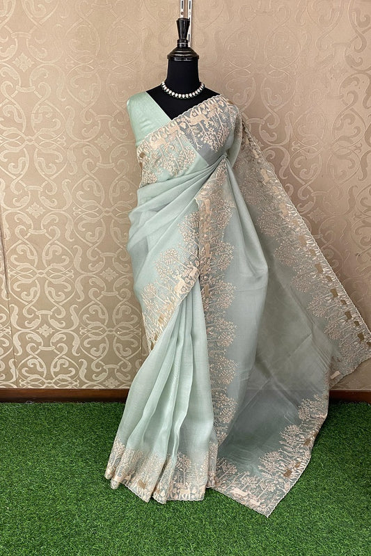 Mint Blue Organza Silk Resham Embroidery Saree, With Unstiched Blouse
