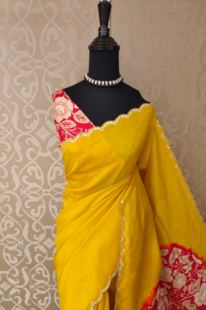 Mustrad Yellow Dupion Silk Embroidery Sarees, With Unstiched Blouse