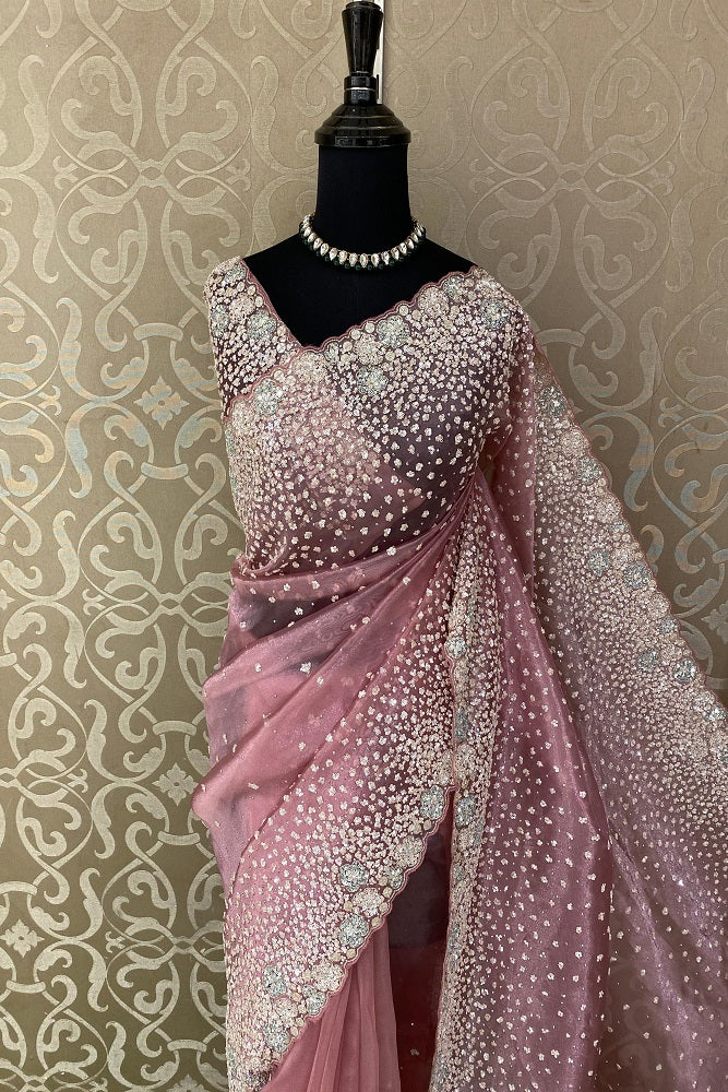 Pink Organza Silk Saree With Sequence Work, With Unstiched Blouse