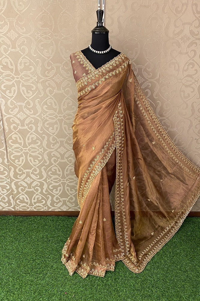 Brown Tissue Embroidery Saree, With Unstiched Blouse