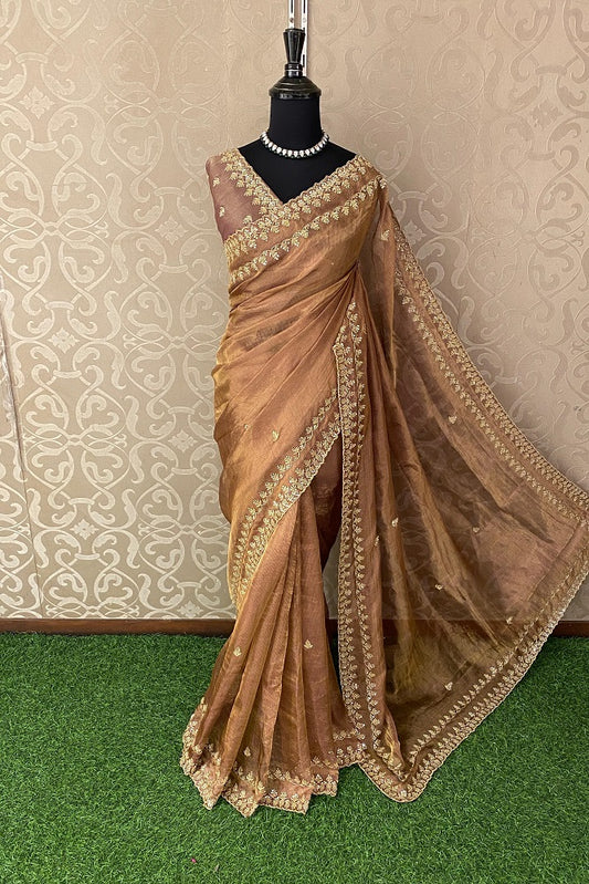 Brown Tissue Embroidery Saree, With Unstiched Blouse