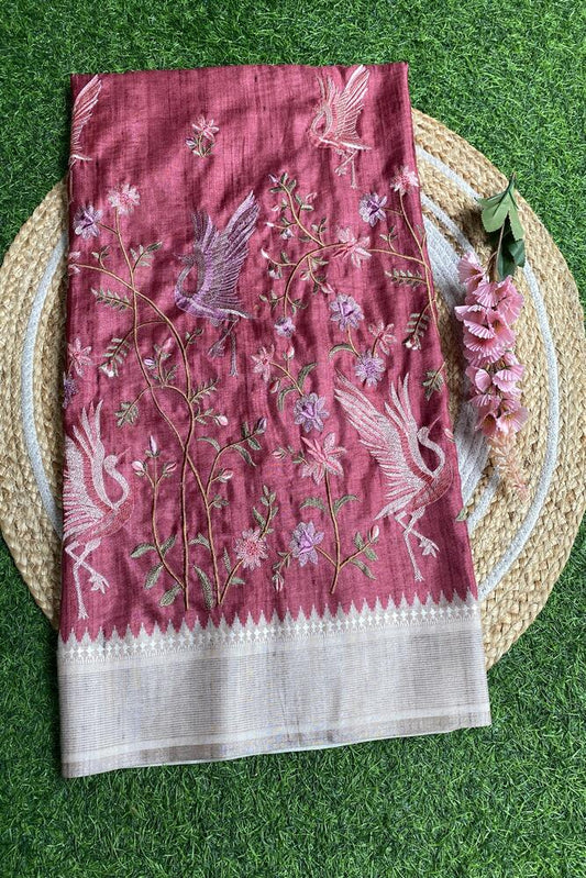 Deep Pink Tussar Cotton Resham Work Saree, With Unstiched Blouse