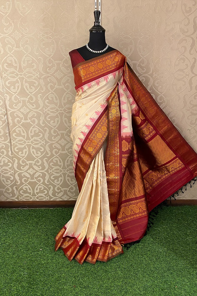 Offwhite Gadwal Silk Saree With Unstiched Contrast Blouse