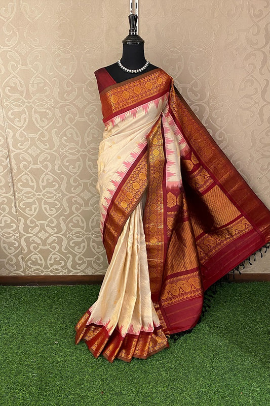 Offwhite Gadwal Silk Saree With Unstiched Contrast Blouse