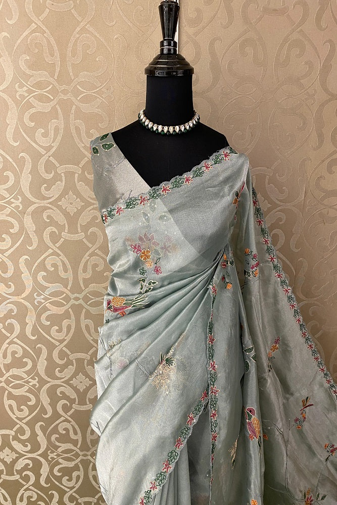 Greyish Blue Tissue With Aari Work Saree, With Unstiched Blouse