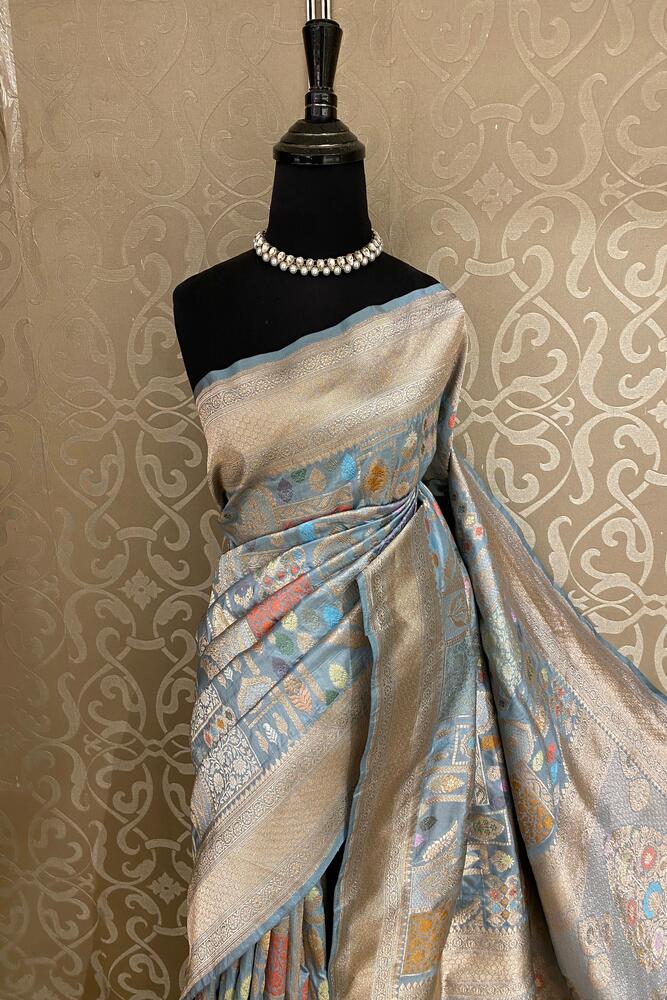 Blue Uppada Banarasi Silk Saree, With Unstiched Blouse