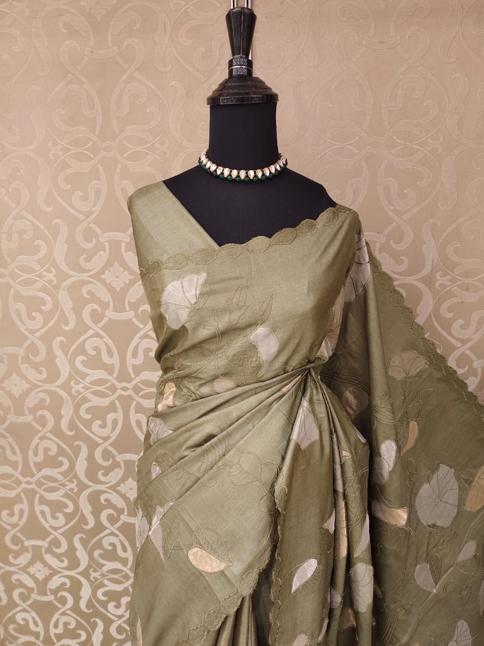 Olive Green Tussar Applique Work Saree, With Unstiched Blouse
