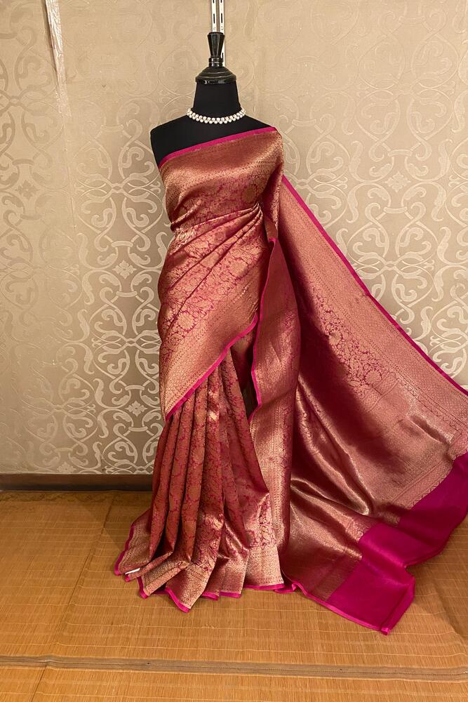 Magenta Brocade Kora Banarasi Silk Saree, With Unstiched Blouse