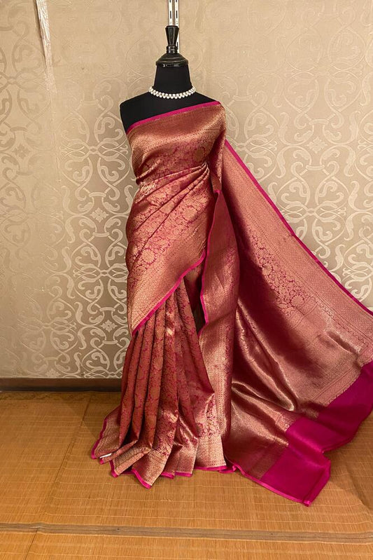Magenta Brocade Kora Banarasi Silk Saree, With Unstiched Blouse