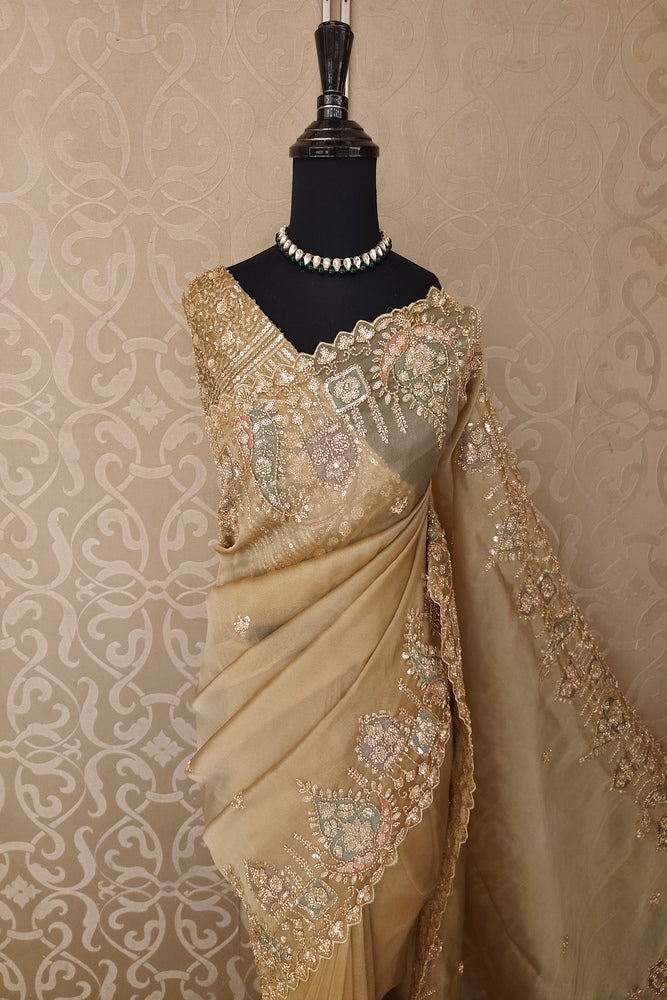 Golden Beige Soft Tissue Organza Silk Embroidery Saree, With Unstiched Blouse