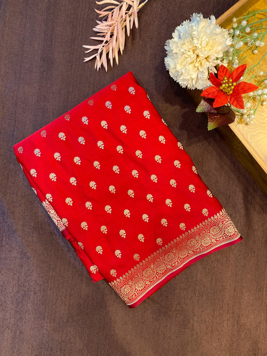 Cherry Red Semi Mashru Katan Silk Saree, With Unstiched Blouse