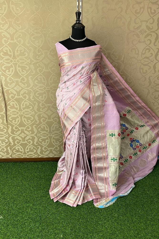Lavender Gadwal Silk Sarees With Paithani Work, With Unstiched Blouse