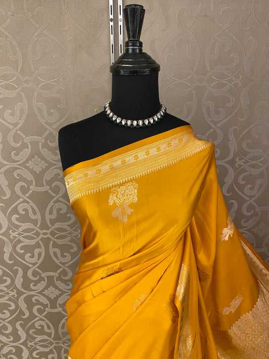 Mustard Yellow Mashru Silk Banarasi Handloom Saree, With Unstiched Blouse