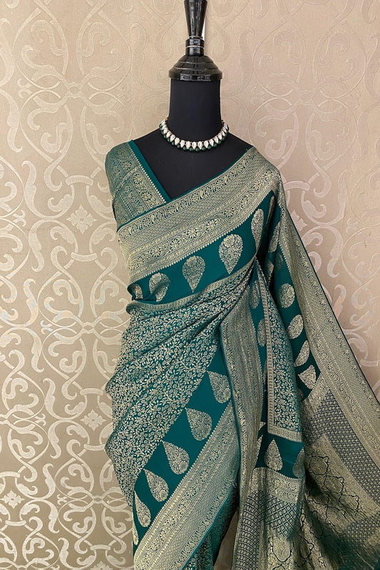 Deep Green Mysore Crepe Silk Party Wear Saree, With Unstitched Blouse - Saarang Sarees