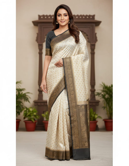 Off-White Munga Banarasi Silk Saree with intricate gold zari work and matching unstiched blouse, traditional Indian wear by Saarang Sarees.