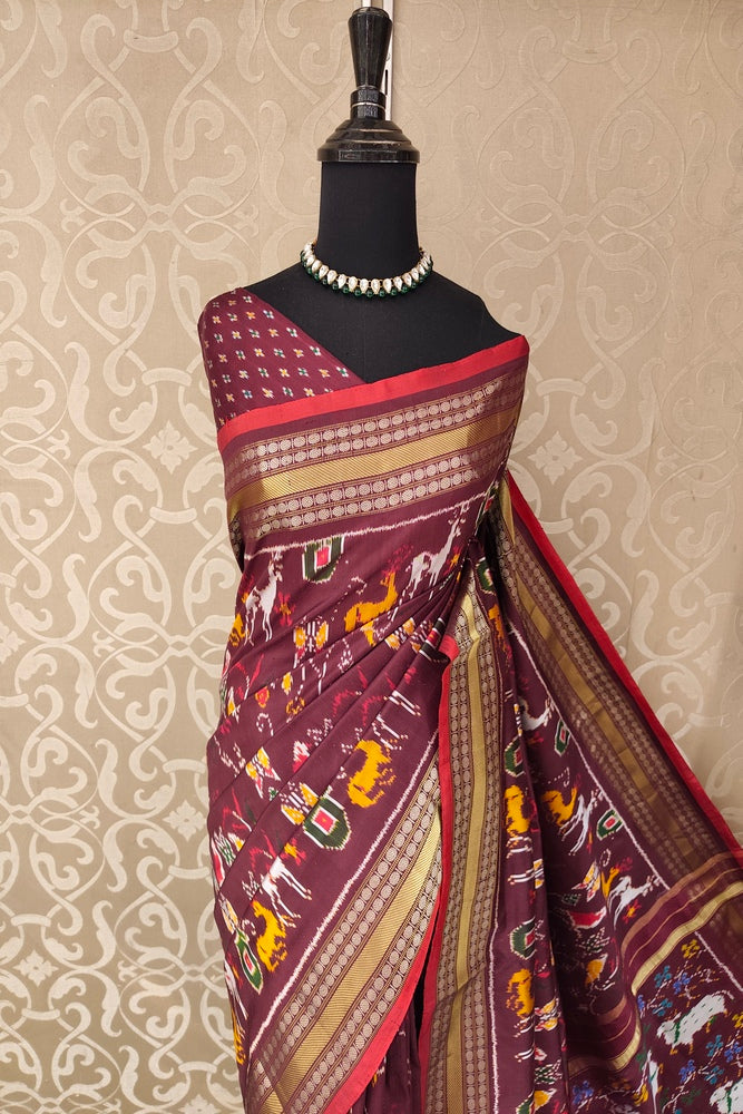 Brown Pochampally Ikat Silk Saree, With Unstiched Blouse