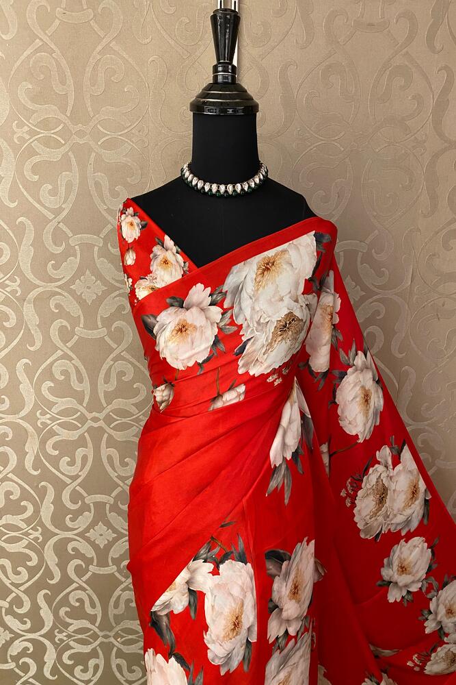 Red Crepe Satin Printed Saree, With Unstitched Blouse