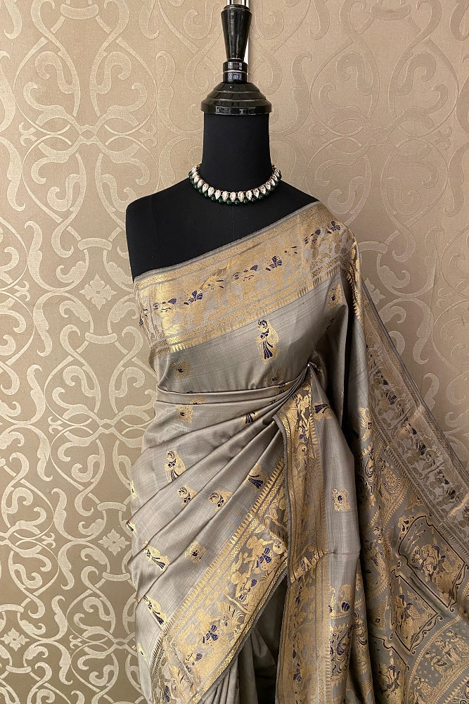 Grey Hand Woven Baluchari Silk Saree, With Unstihed Blouse
