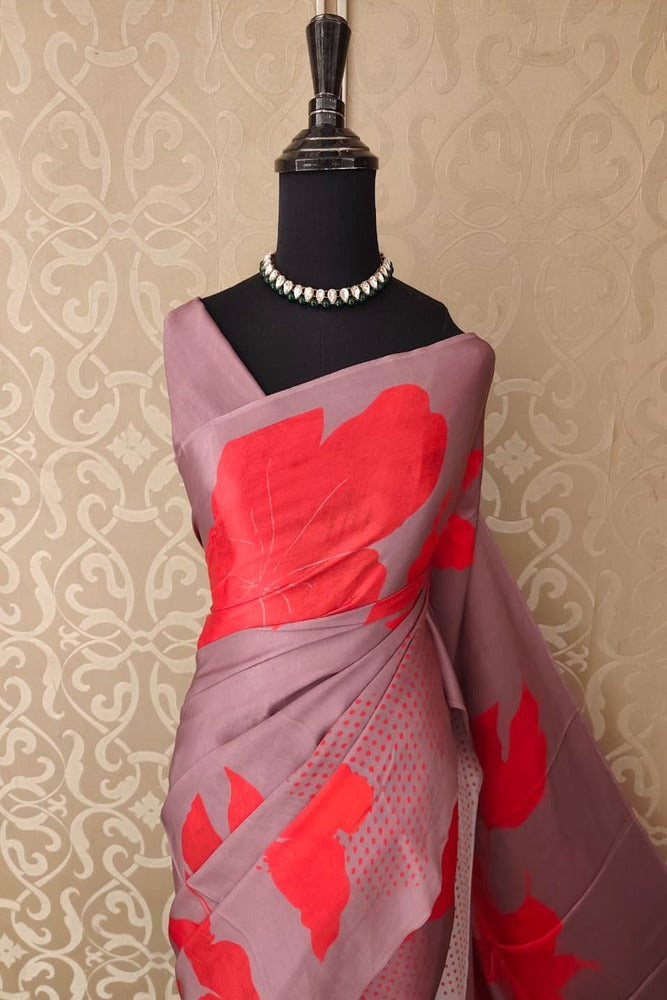Dusty Rose Floral Printed Satin Crepe Saree, With Unstiched Blouse