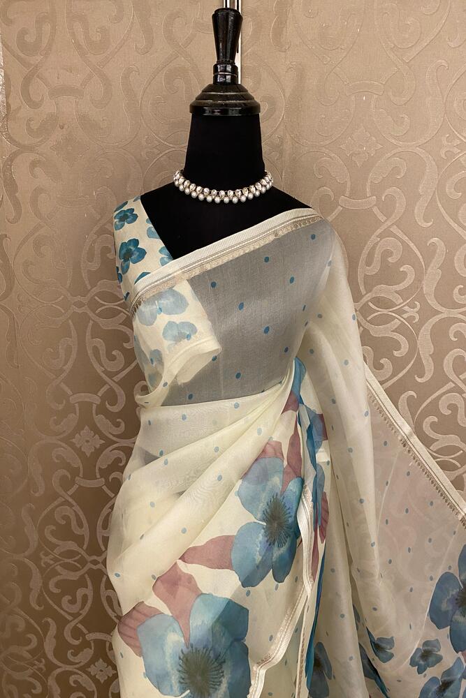 White & Blue Floral Printed Organza Saree, With Unstiched Blouse