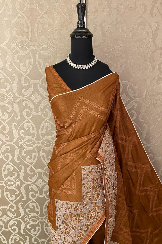 Copper Tussar Saree With Organza Applique Work, With Unstiched Blouse