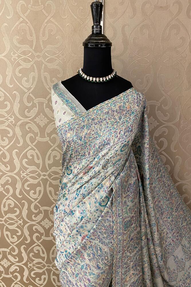 Off-White Pure Kani Handloom Silk Saree With Floral Woven Blouse