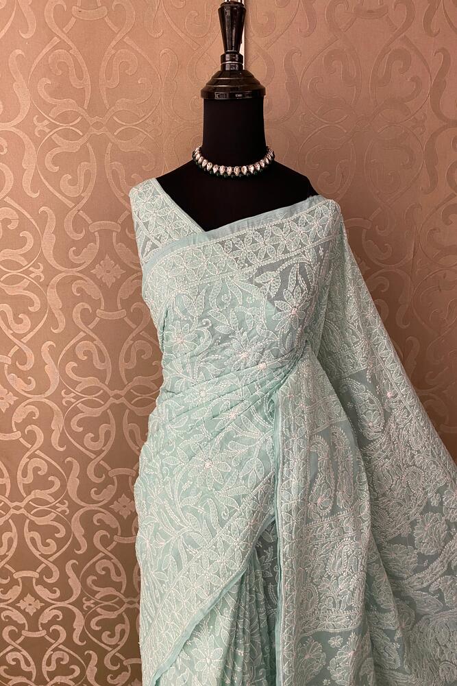 Sky blue cotton Chikankari saree with unstiched blouse, party wear traditional Indian attire by Saarang Sarees.