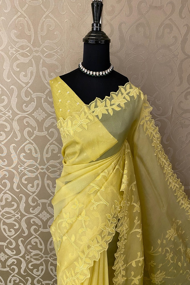 Yellow Organza Saree With Appliqué Work Border, With Unstitched Blouse