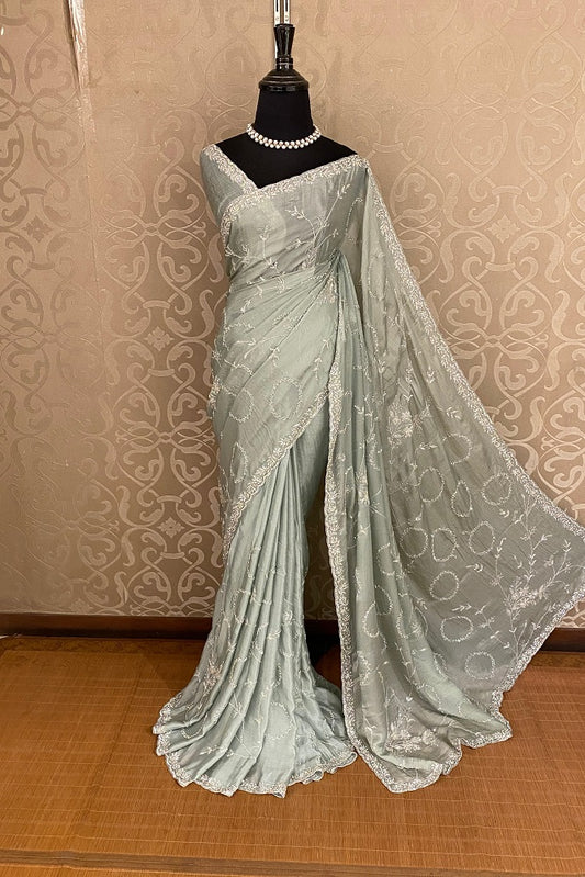 Mint Crepe Silk Saree With Embroidery Work, With Unstitched Blouse