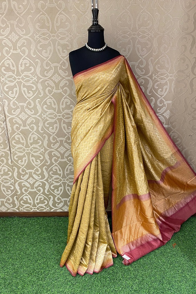 Golden & Red Brocade Chanderi Silk With Unstiched Blouse