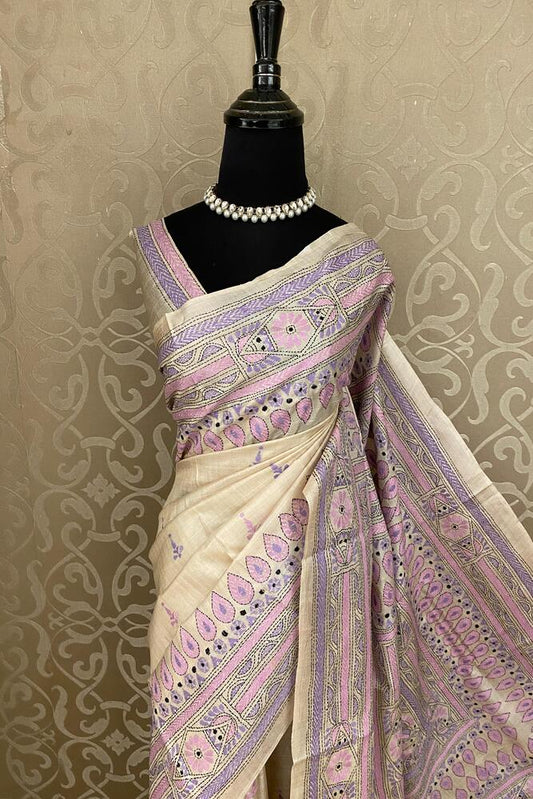 Off-White Tussar Embroidery Saree With Kantha Work Border, With Unstitched Blouse