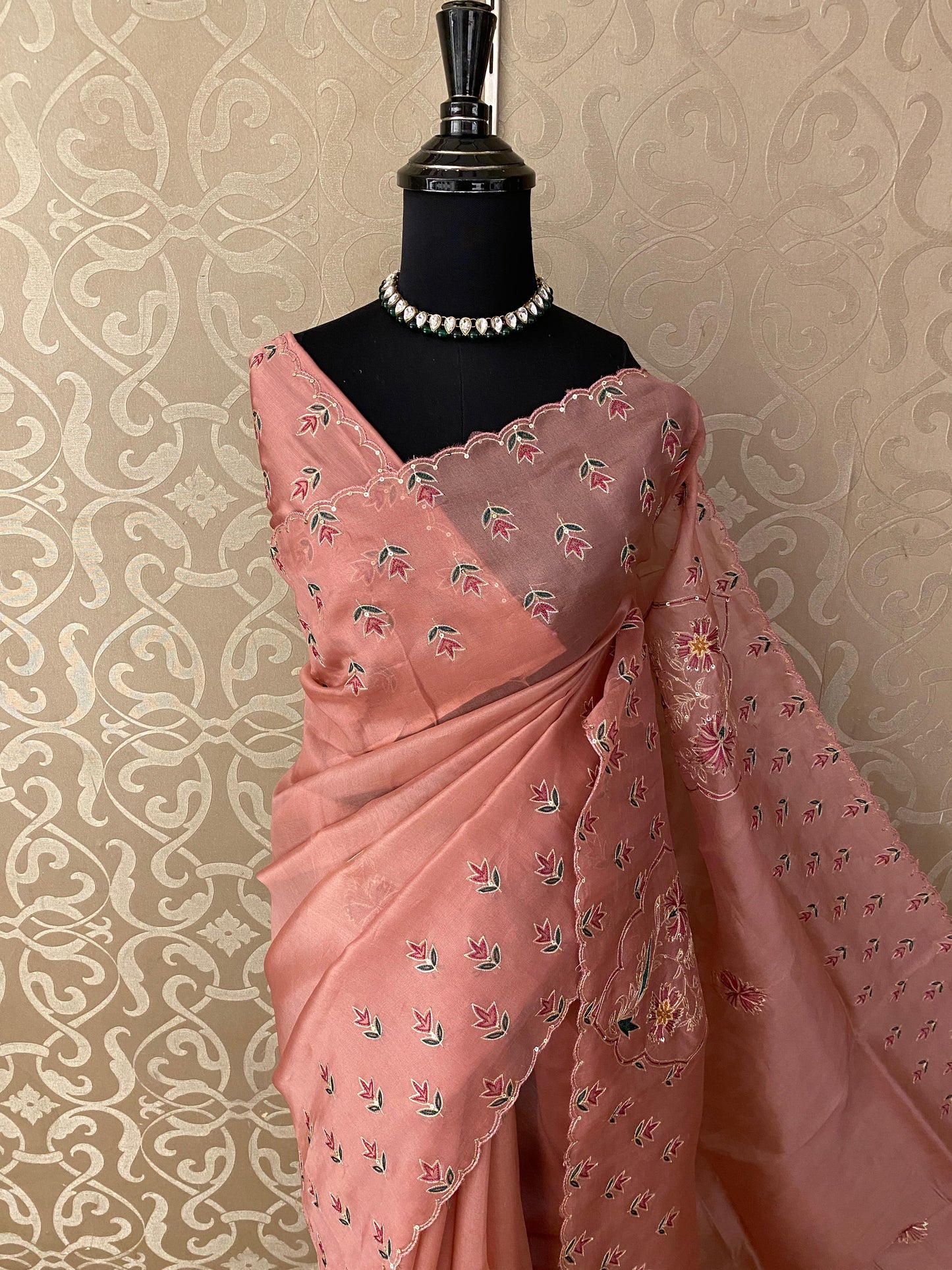 Mauve Pink Organza Saree With Ari Work, With Unstitched Blouse