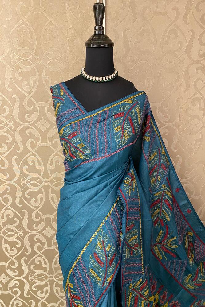 Royal Blue Tussar Embroidery Saree With Lambani Work Border, With Unstitched Blouse
