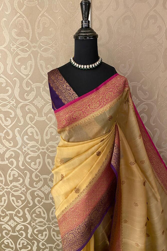 Mustard Yellow Kora Banarasi Silk Saree With Hand Weaving Work, With Unstiched Blouse