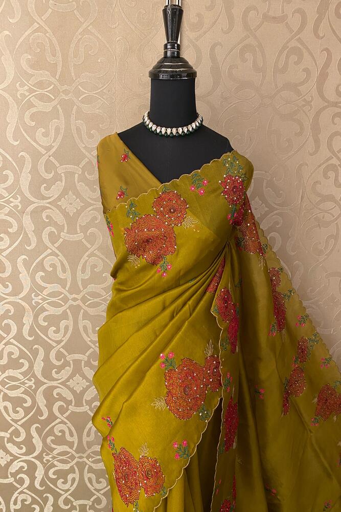 Lime Green Organza Silk Embroidery Saree, With Unstiched Blouse