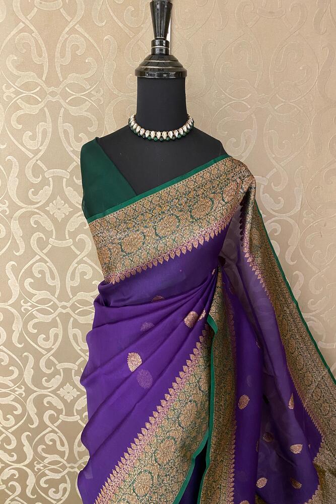 Purple Kora Banarasi Silk Saree, With Unstiched Blouse