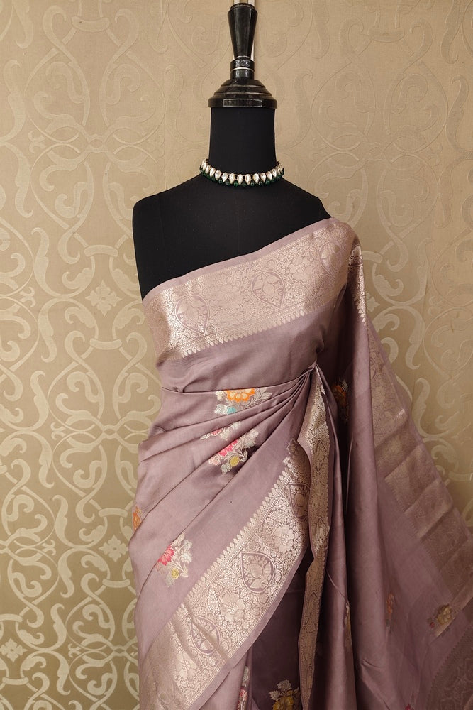 Mauve Chiniya Silk Saree Hand Woven Butas, With Unstiched Blouse