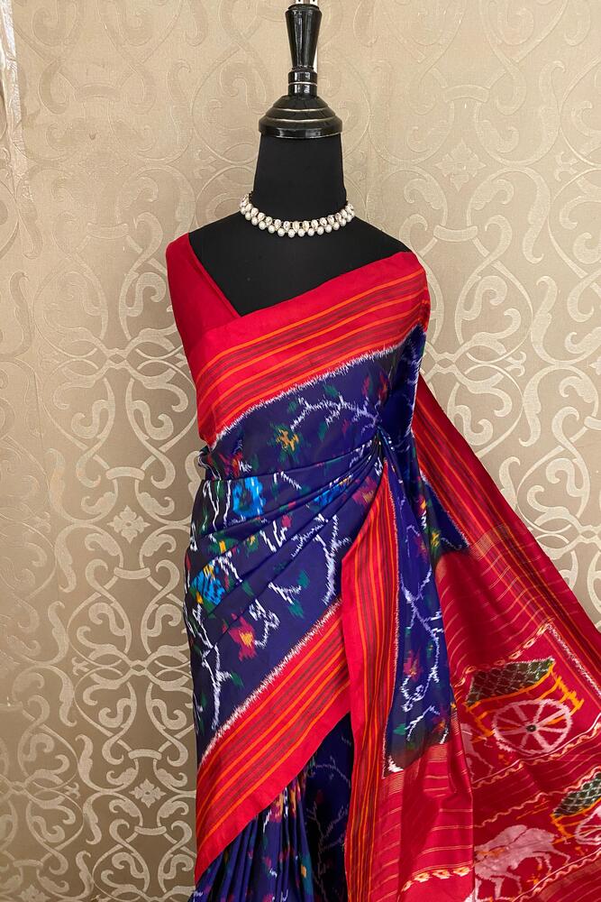 Purple and blue Pochampally Ikat silk saree with white weaving and unstiched blouse, traditional wear by Saarang Sarees.