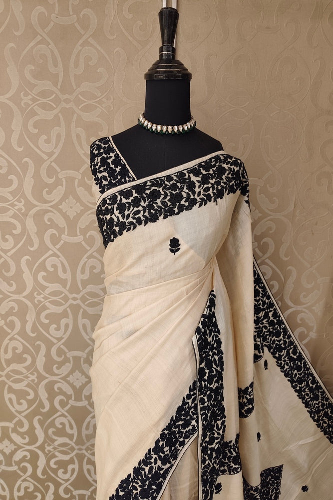 Off-White Tussar Hand Parsi Work Saree, With Unstiched Blouse
