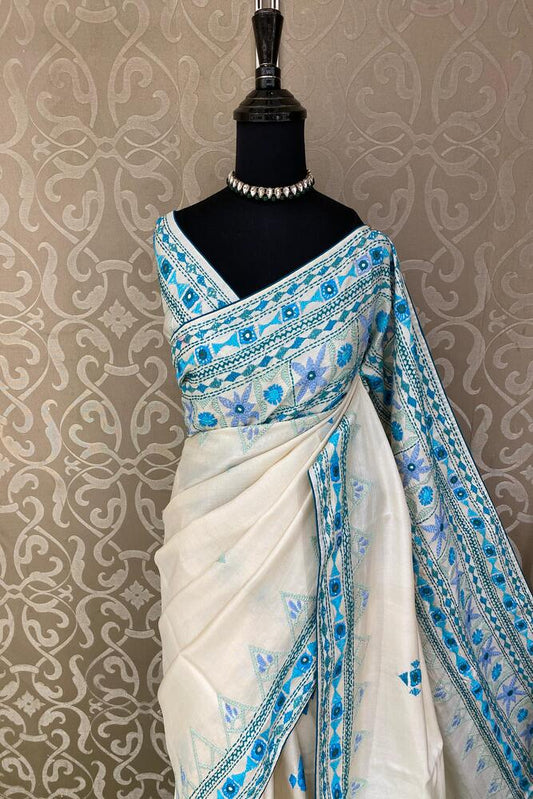 Off-White Tussar Kathiyawadi Work Saree, With Unstiched Blouse
