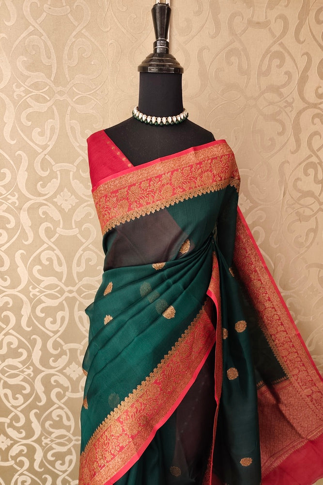 Bottle Green Kora Banarasi Silk Saree, With Unstiched Blouse