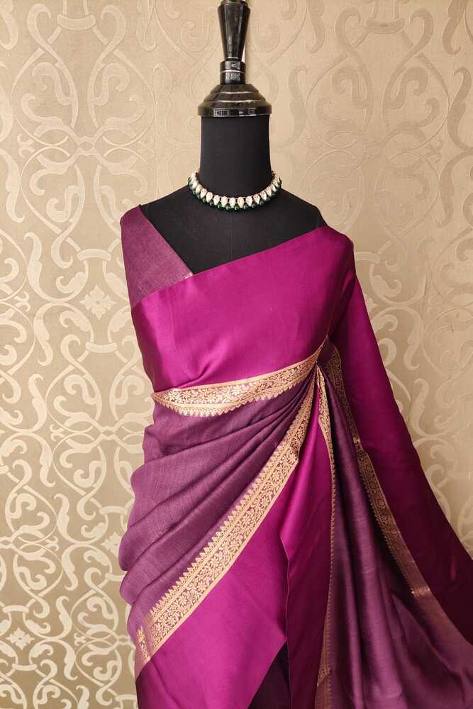 Purple Tussar Banarasi silk saree with handwoven motifs and unstiched blouse, traditional wear by Saarang Sarees.